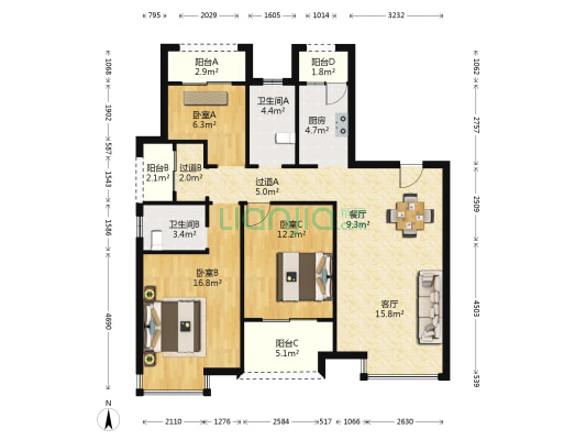 慕容城 3室2厅2卫 124平方