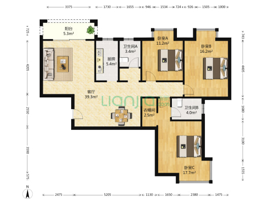 荣华国际新城 3室1厅2卫 127平方