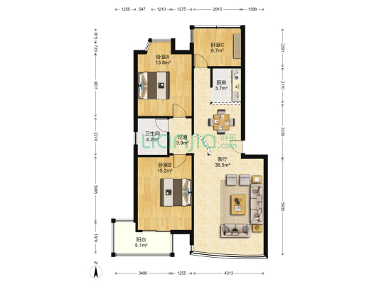 阳明锦城 3室1厅1卫 103平方