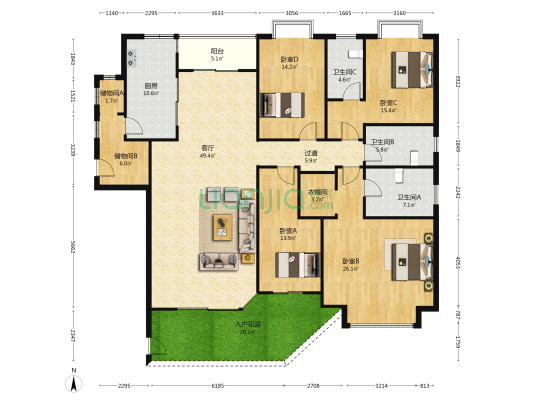 汇景新城上城峰境 4室1厅3卫 235平方