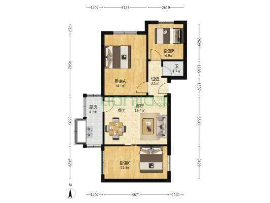 电影公司家属院 3室1厅1卫 70平方