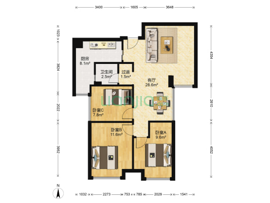 积家御景 3室1厅1卫 85平方