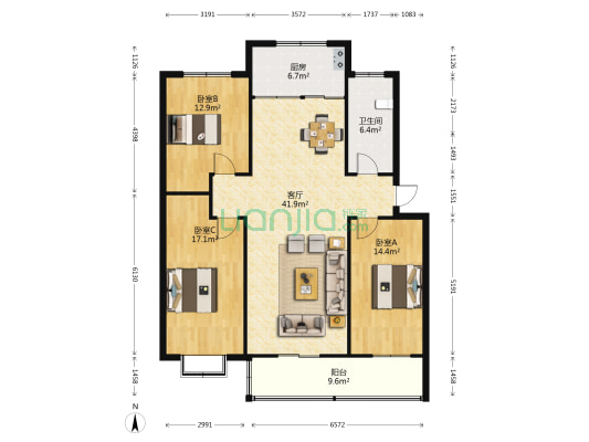 蓝色港湾小区 3室1厅1卫 136平方