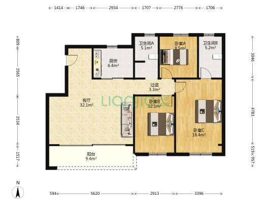 龙湖·天玺 3室1厅2卫 116平方