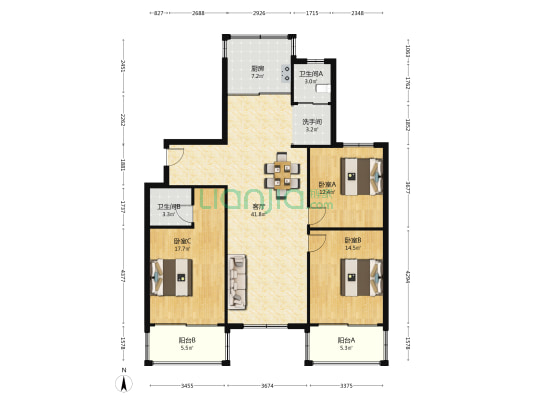 大自然花苑 3室1厅3卫 145平方