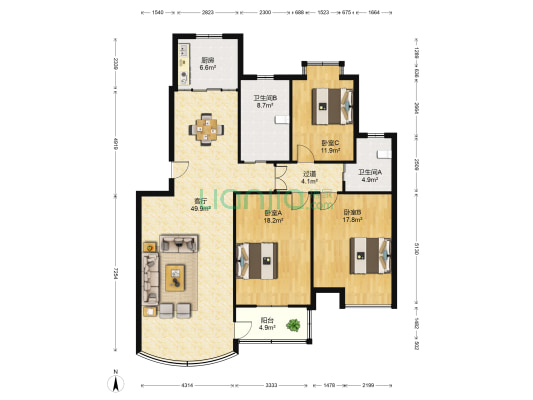 华都广场 3室1厅2卫 138平方