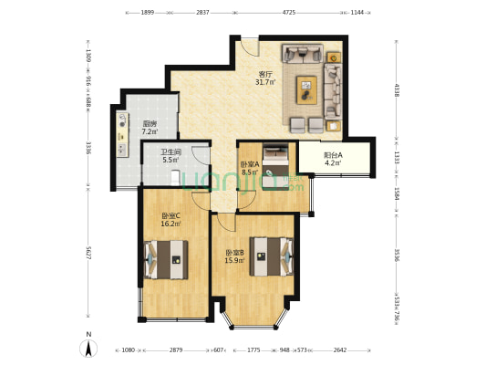 环球·黄金水岸 3室1厅1卫 114平方