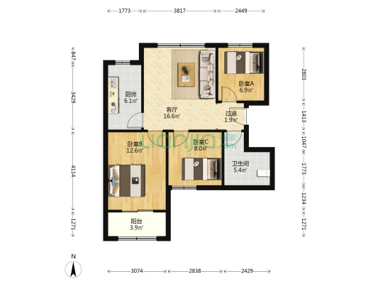 王府花园A区 3室1厅1卫 87平方