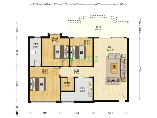 雍翠园 3室1厅1卫 125平方
