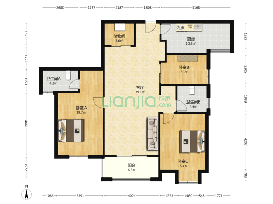 汉桥城中花园B区 3室1厅2卫 138平方