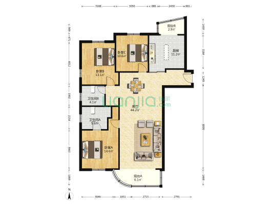 名都公寓 3室1厅2卫 146平方