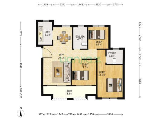 万象华庭一组团 3室1厅2卫 111平方