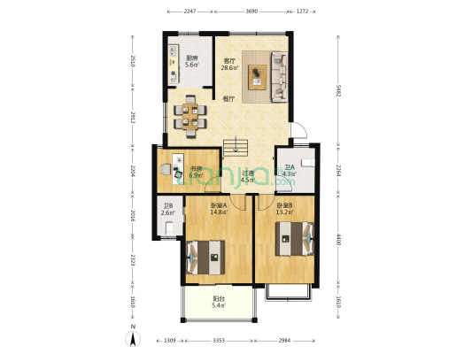 官柳世家 3室1厅2卫 110平方