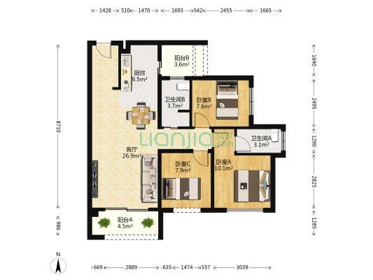 阳光书院 3室1厅2卫 89平方