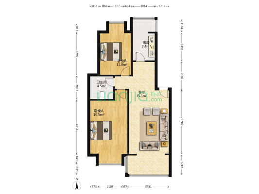 万邦文景名苑 2室1厅1卫 87平方