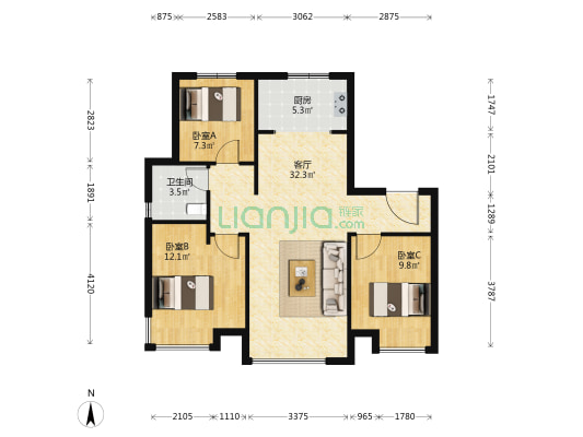 天保九如品筑至信轩 3室1厅1卫 96平方
