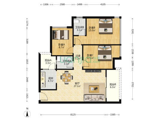 天生天城A区 3室1厅2卫 103平方