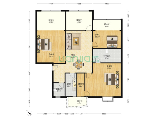 东方新天地 3室1厅2卫 183平方