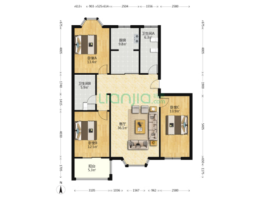 南北通透三居，精装修，领包入住。-户型图