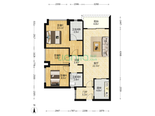 佳兆业凤鸣山 3室1厅2卫 87平方