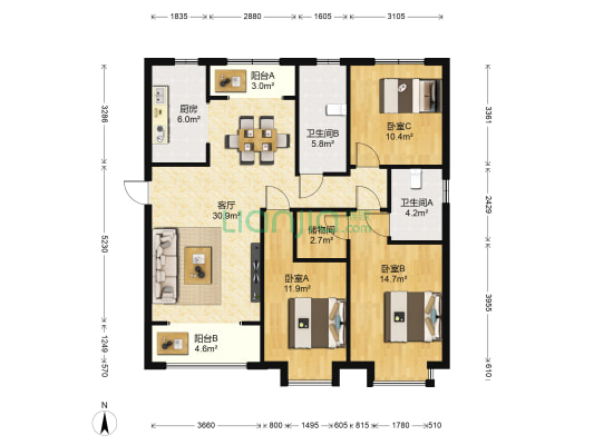 国雅城一号院 3室1厅2卫 138平方