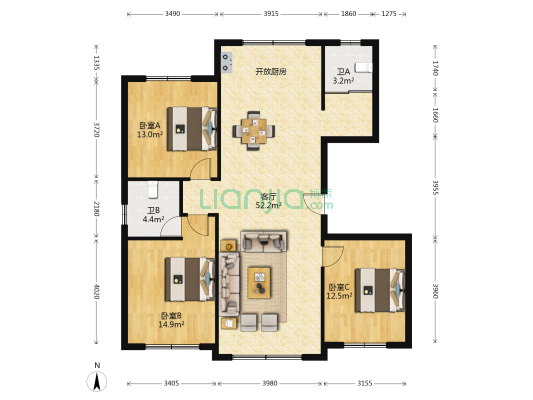 米澜国际二期 3室2厅1卫 137平方