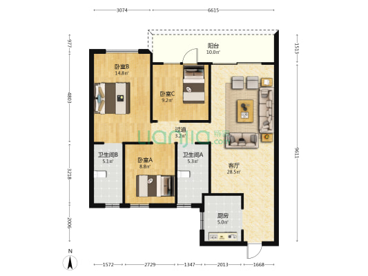 华润九悦·幸福里 3室1厅2卫 108平方