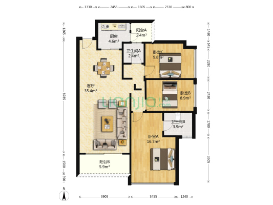 恒裕世纪广场 3室1厅2卫 100平方