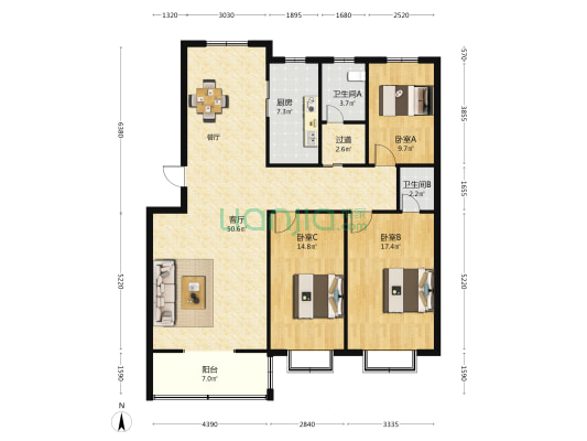 营子花园小区 3室1厅2卫 133平方