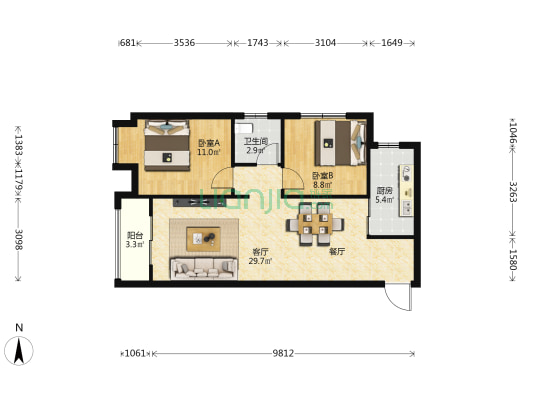 鸿湖景天 2室1厅1卫 83平方