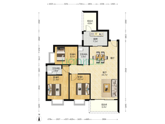 汇悦华府 3室1厅2卫 121平方
