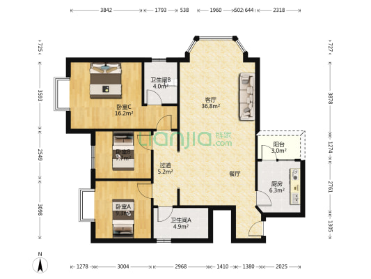 鸿景花园 3室1厅2卫 118平方