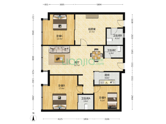 元和投资大厦 3室2厅3卫 164平方