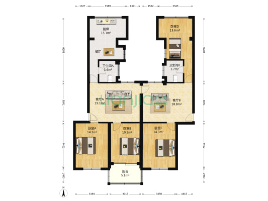 中福公司宿舍 4室2厅2卫 139平方