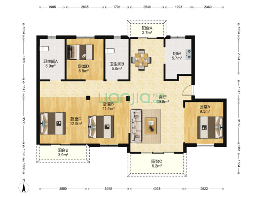 亿达云山湖 4室1厅2卫 133平方