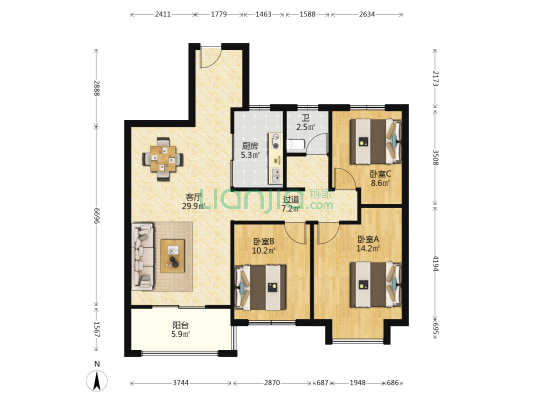 名邦中央公馆 3室1厅1卫 105平方
