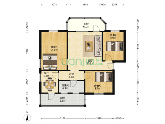 青年路5号 3室2厅1卫 86平方