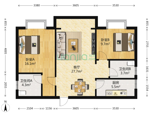 弘业海景广场 2室1厅2卫 90平方