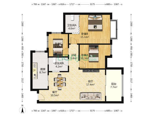 香槟城金色明天 3室2厅2卫 96平方