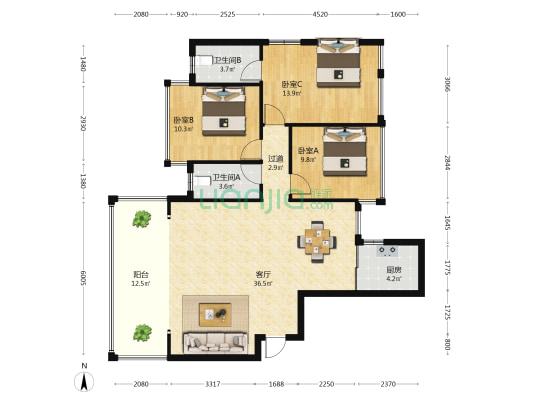 盛天西城 3室1厅2卫 103平方