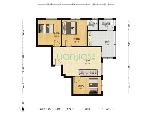 加力花园 3室1厅2卫 90平方