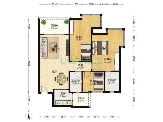 名雅豪庭一期 3室1厅2卫 102平方