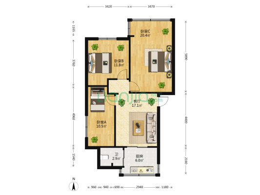 中国人民银行云南省分行宿舍 3室1厅1卫 65平方