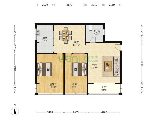 大天花园 2室2厅1卫 101平方