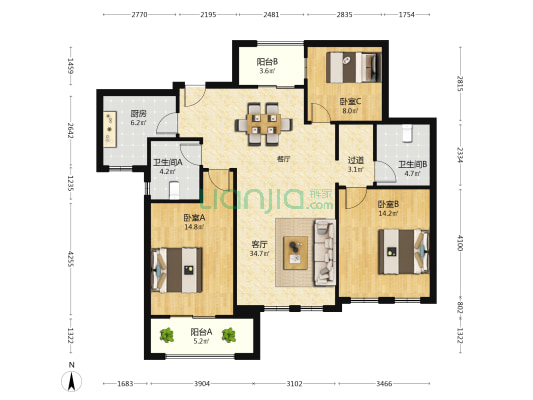 海盈花苑 3室1厅2卫 126平方