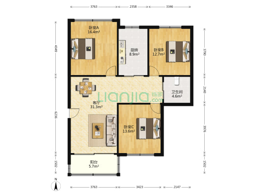 苏港大厦 3室1厅1卫 115平方