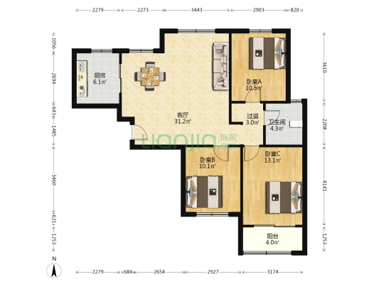腊山苑小区 3室1厅1卫 117平方