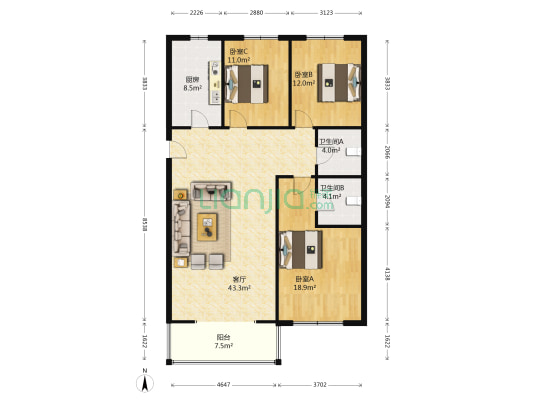 雍景华庭 3室1厅2卫 127平方