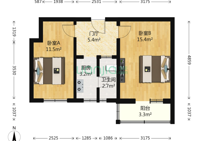 劲松二区2室0厅1卫53.65㎡