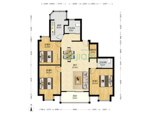 紫汇苑 3室1厅2卫 134平方